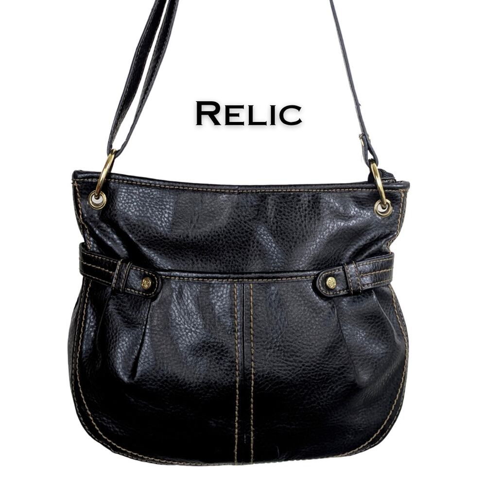 Relic Crossbody Shoulder Bag Black Faux Leather Pebble Grain Minimalist Classic